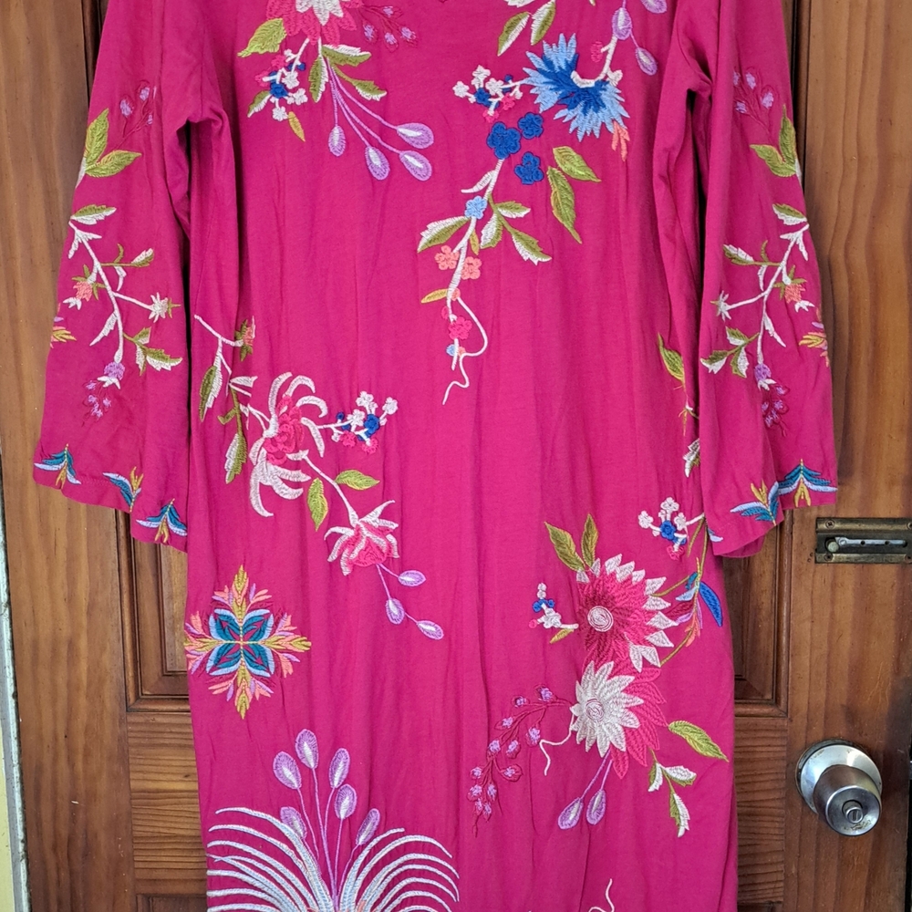 Johnny Was Magenta Embroidered Long Sleeve Floral Dress
